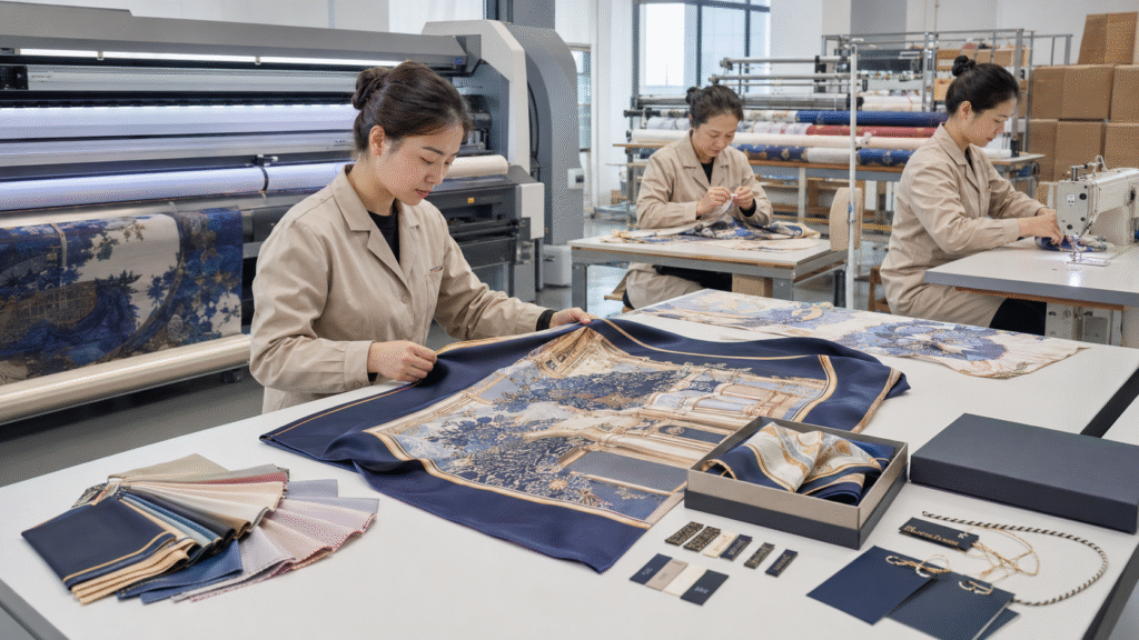 CarinaSilk factory team printing, inspecting and hemming custom museum silk scarves