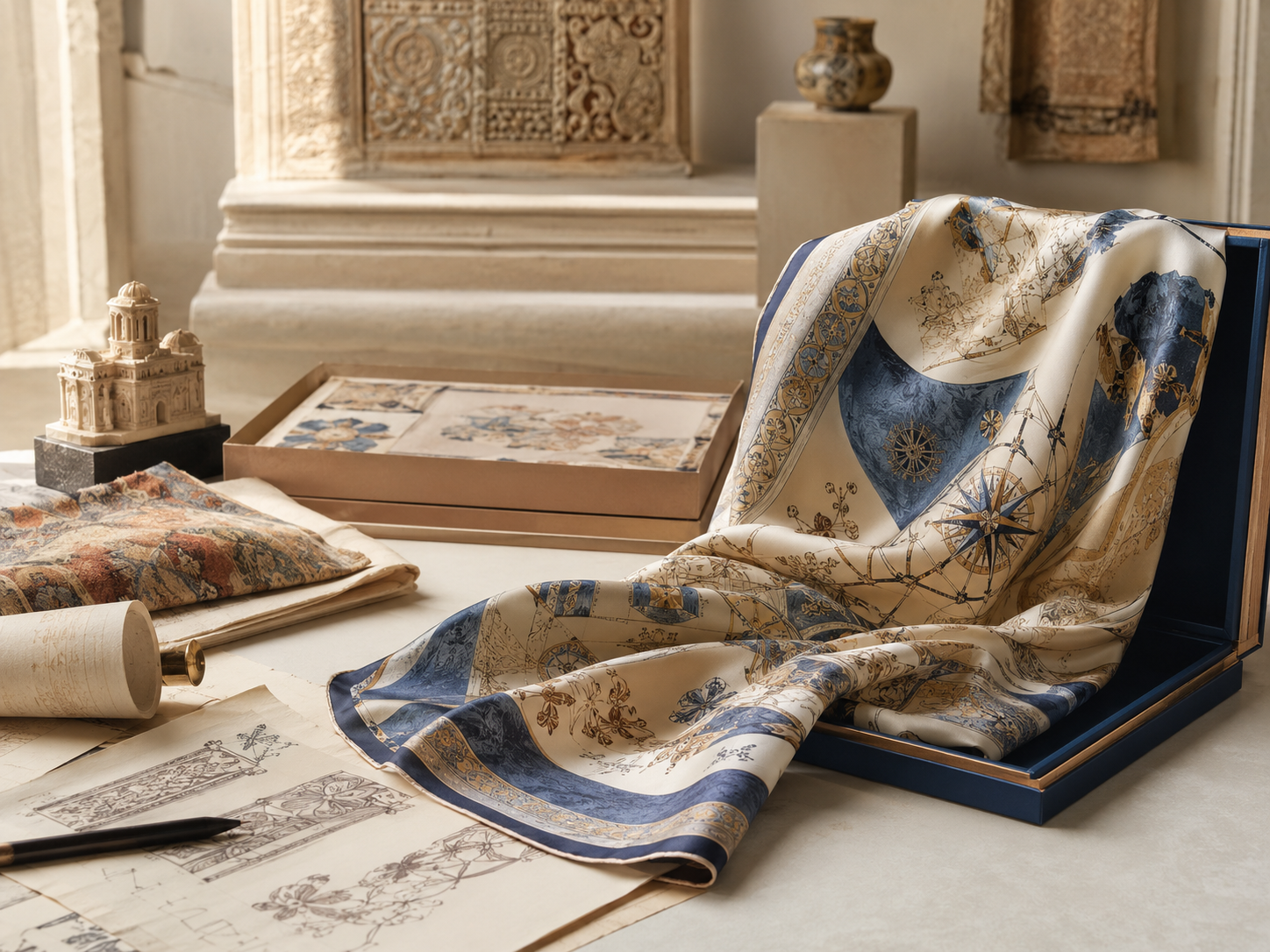 Custom museum silk scarf arranged in a presentation box beside archival artwork and architectural sketches