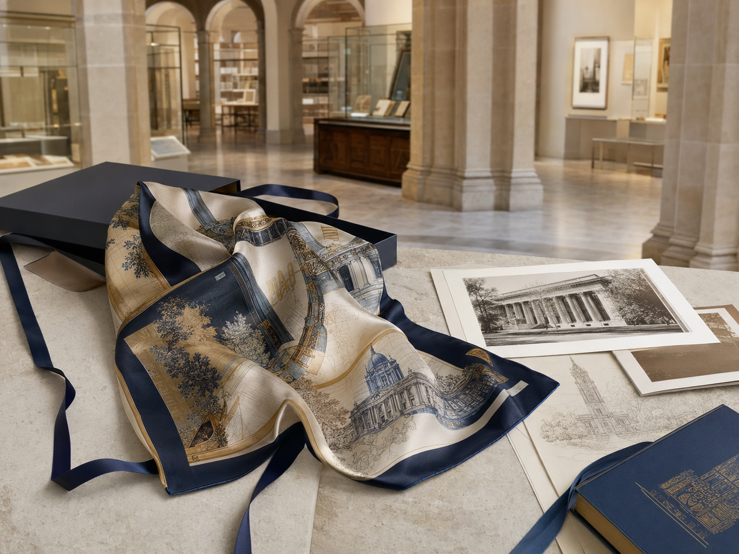 Custom silk scarf for museum members and donors displayed with archival drawings and books