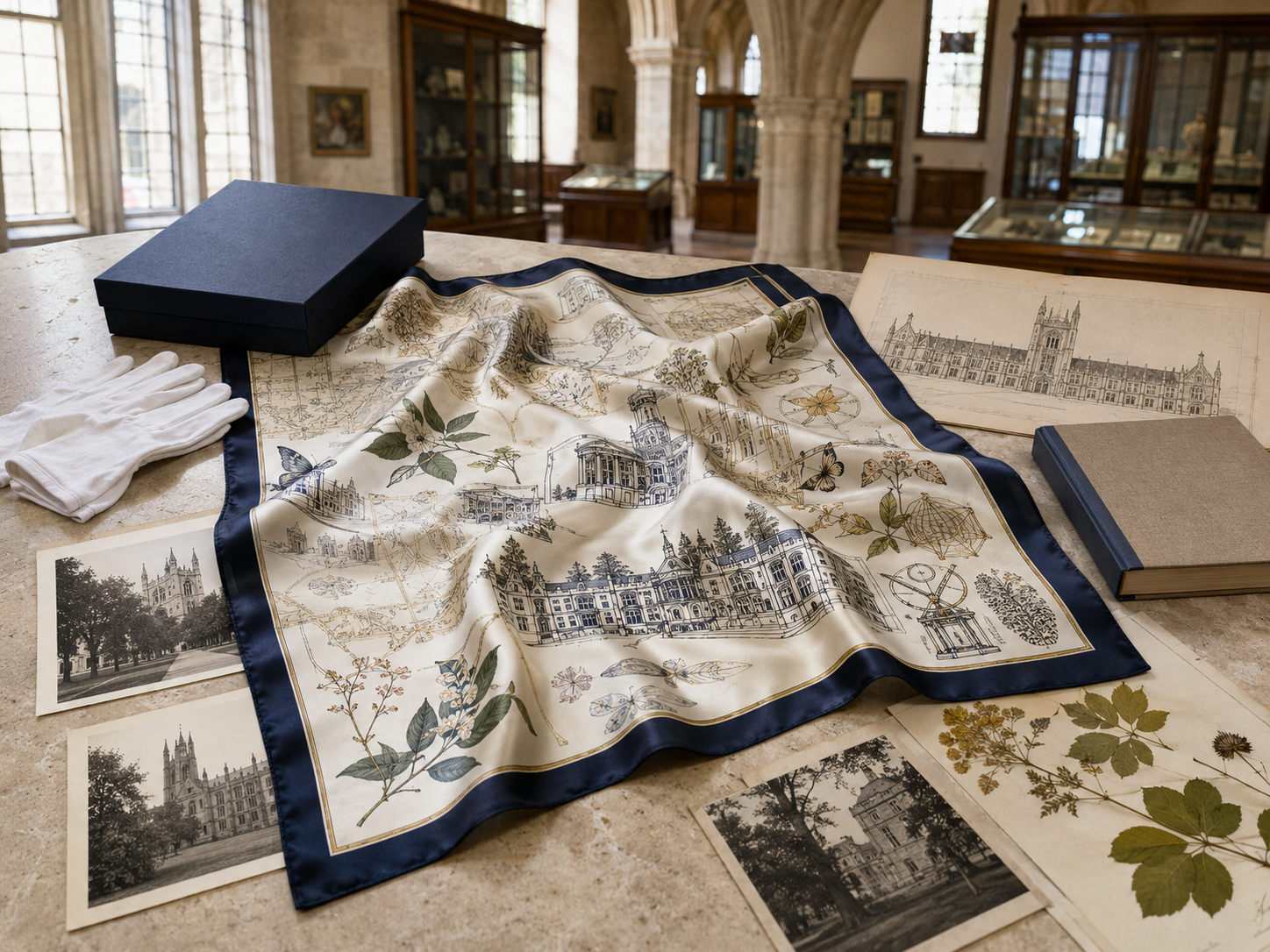 Silk scarf featuring university architecture displayed with archival photographs and botanical references