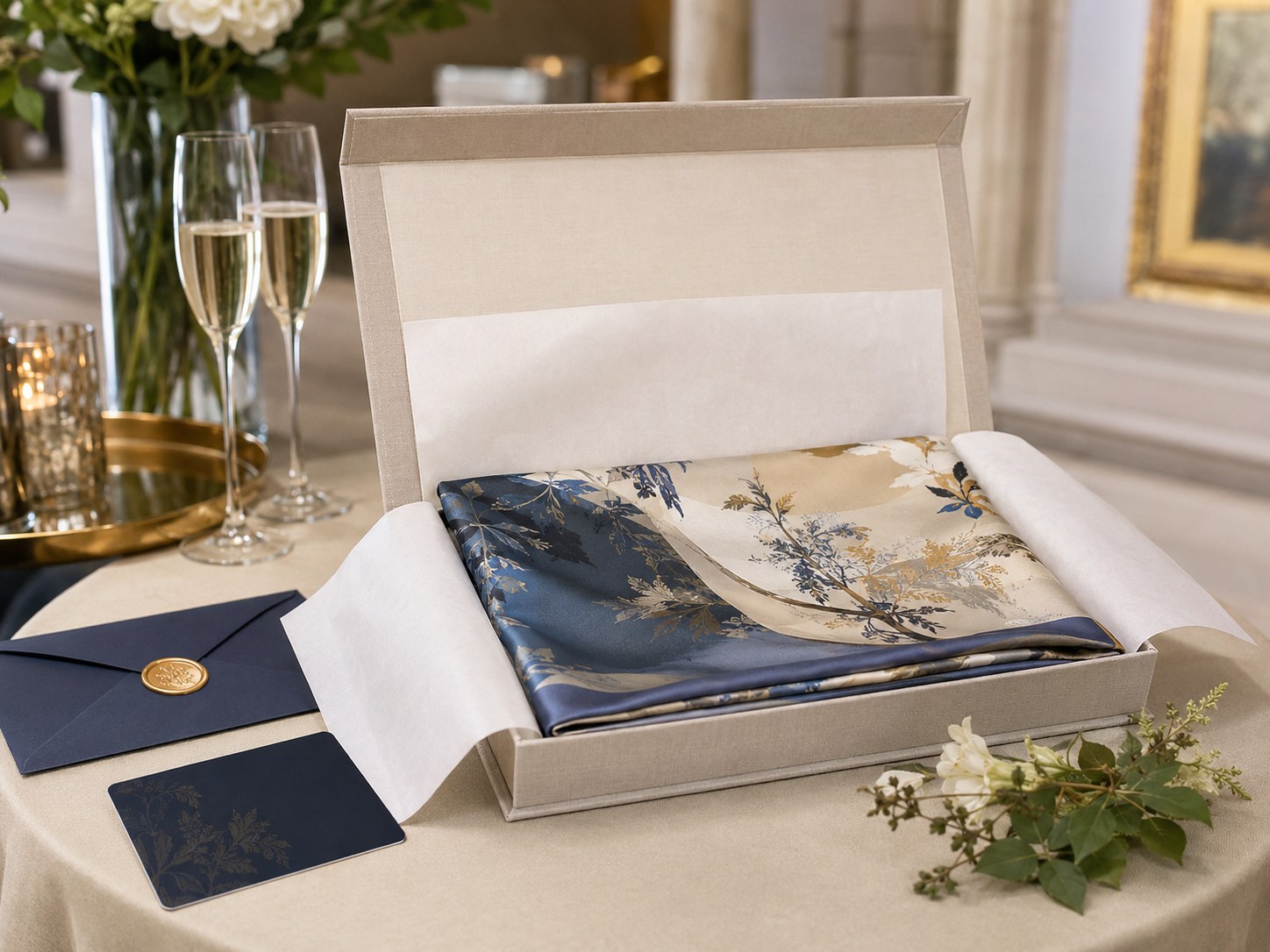 Heritage-inspired silk scarf presented in a luxury gift box for cultural institution gifting