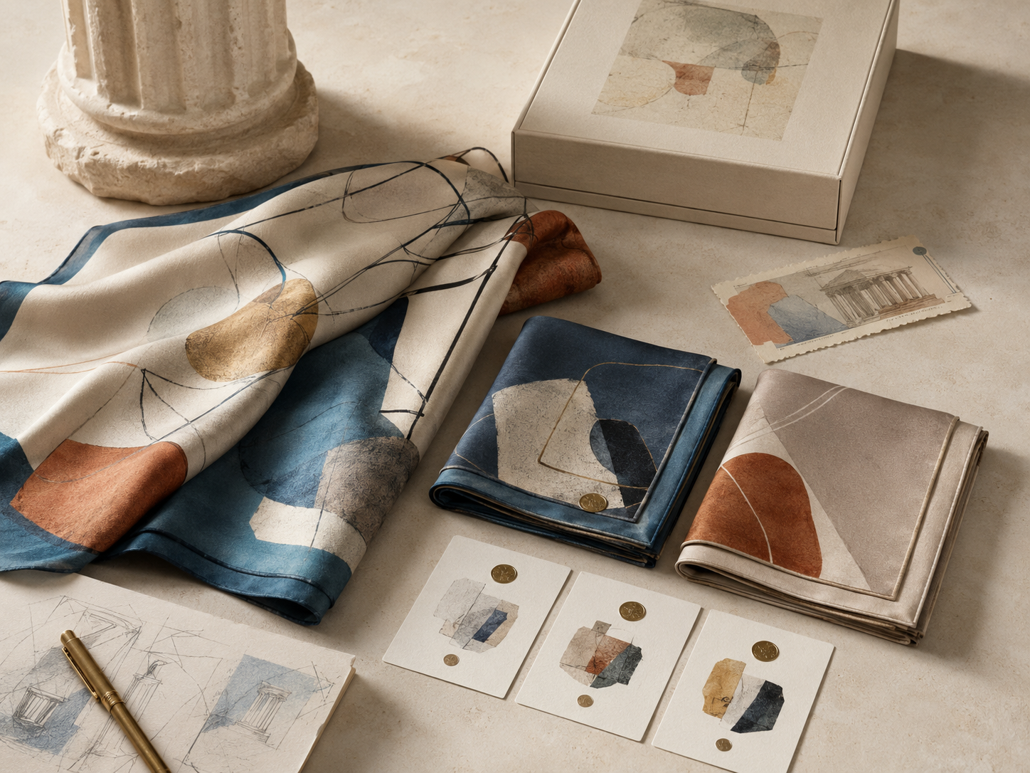 Limited-edition silk scarf presented with a luxury gift box and museum exhibition catalogue