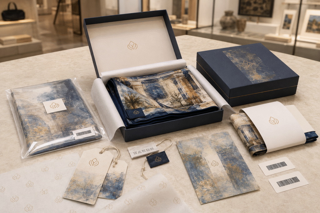 Retail-ready museum silk scarf packaging with custom gift boxes, labels, hangtags and barcode stickers