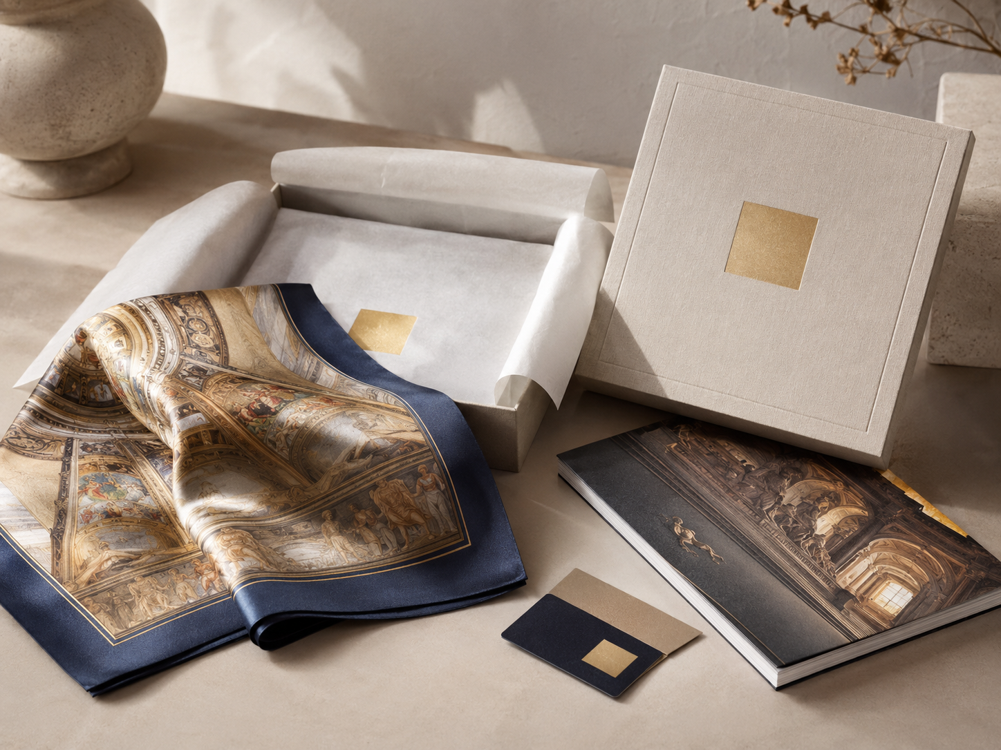 Custom silk scarves displayed with artwork, color swatches and sketches for a museum gift shop collection