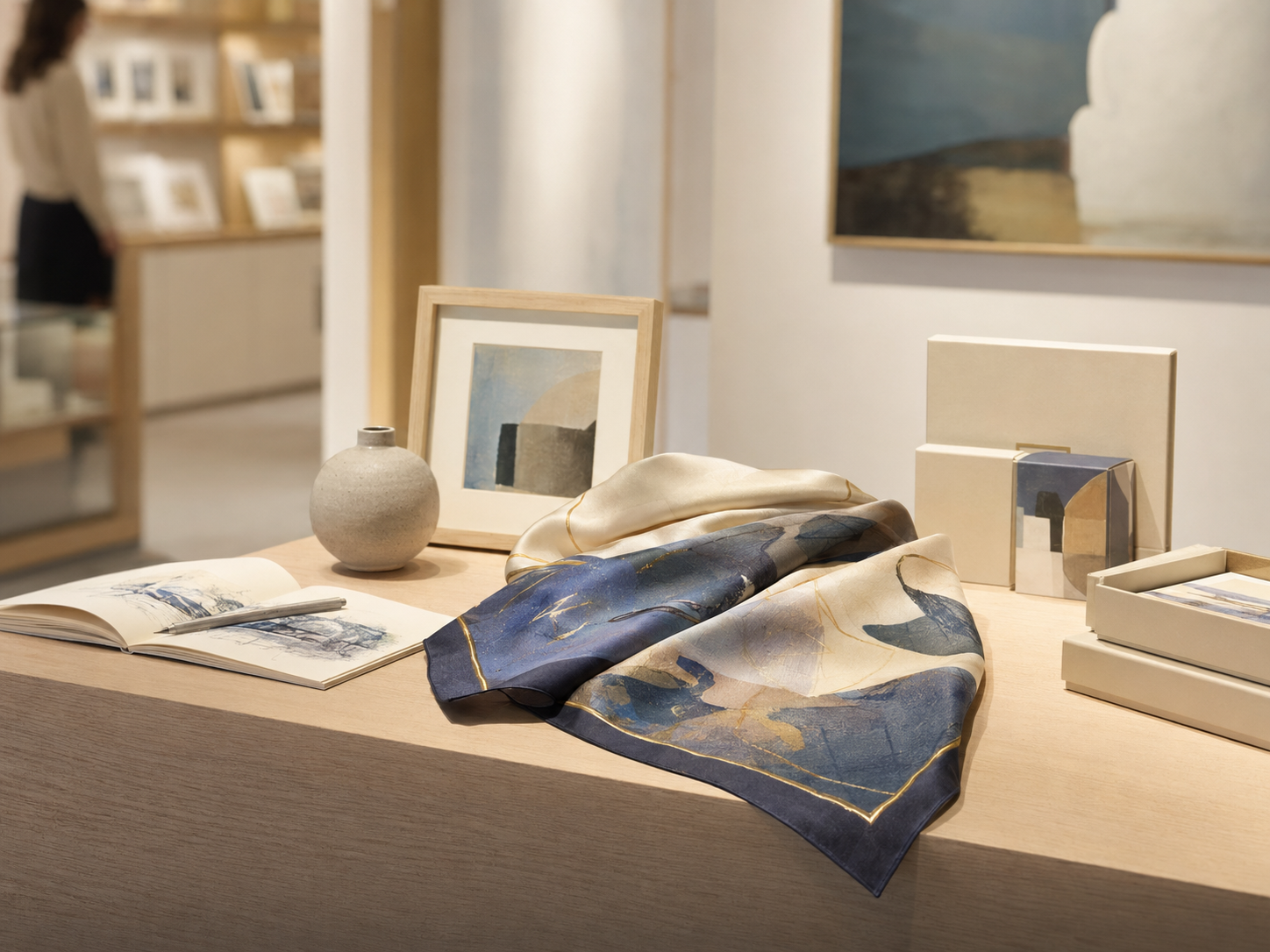 Art-inspired silk scarf displayed with prints and gift boxes in a gallery shop