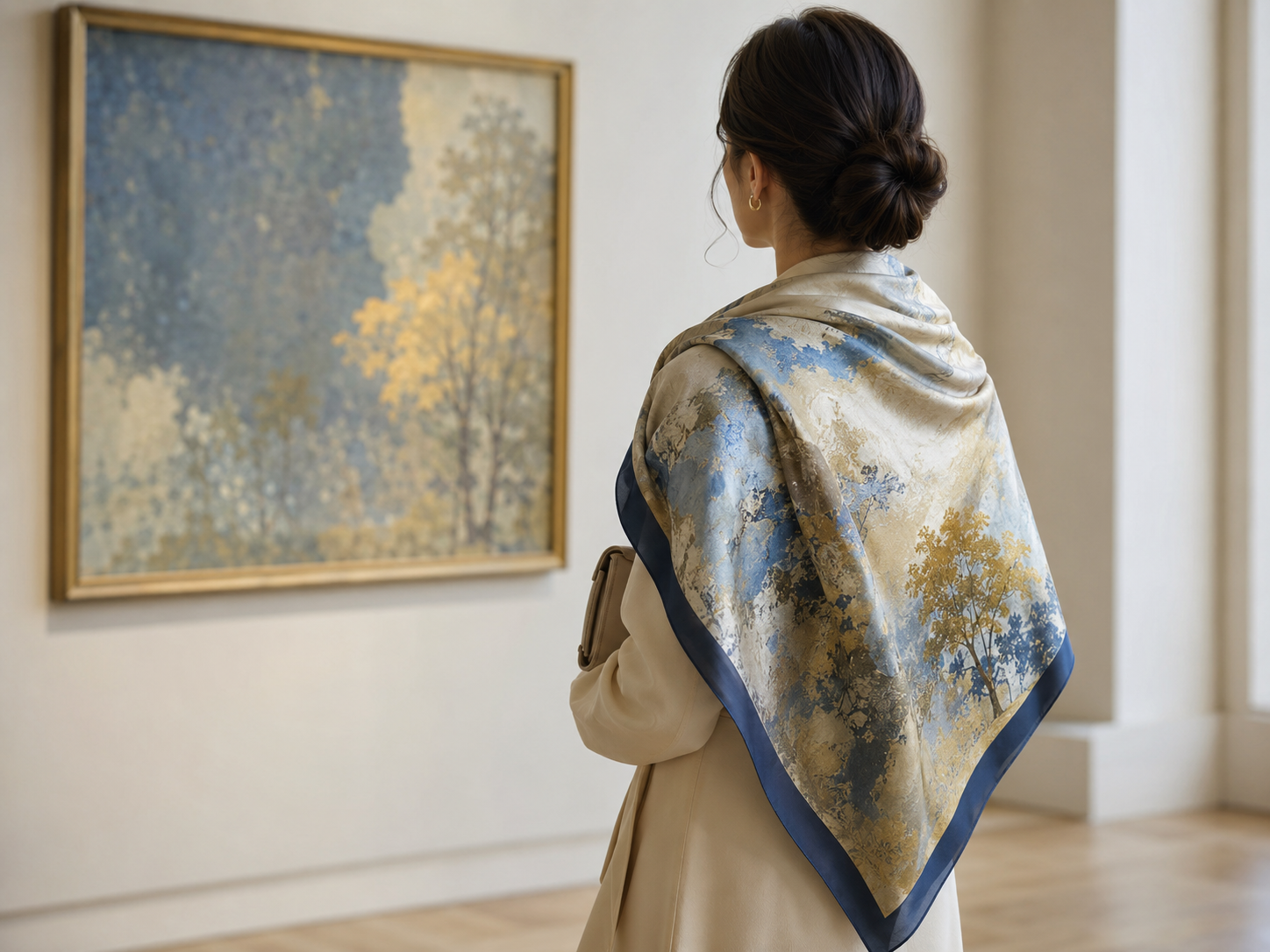 Woman wearing a blue and gold art-inspired silk scarf while viewing a painting in a museum gallery