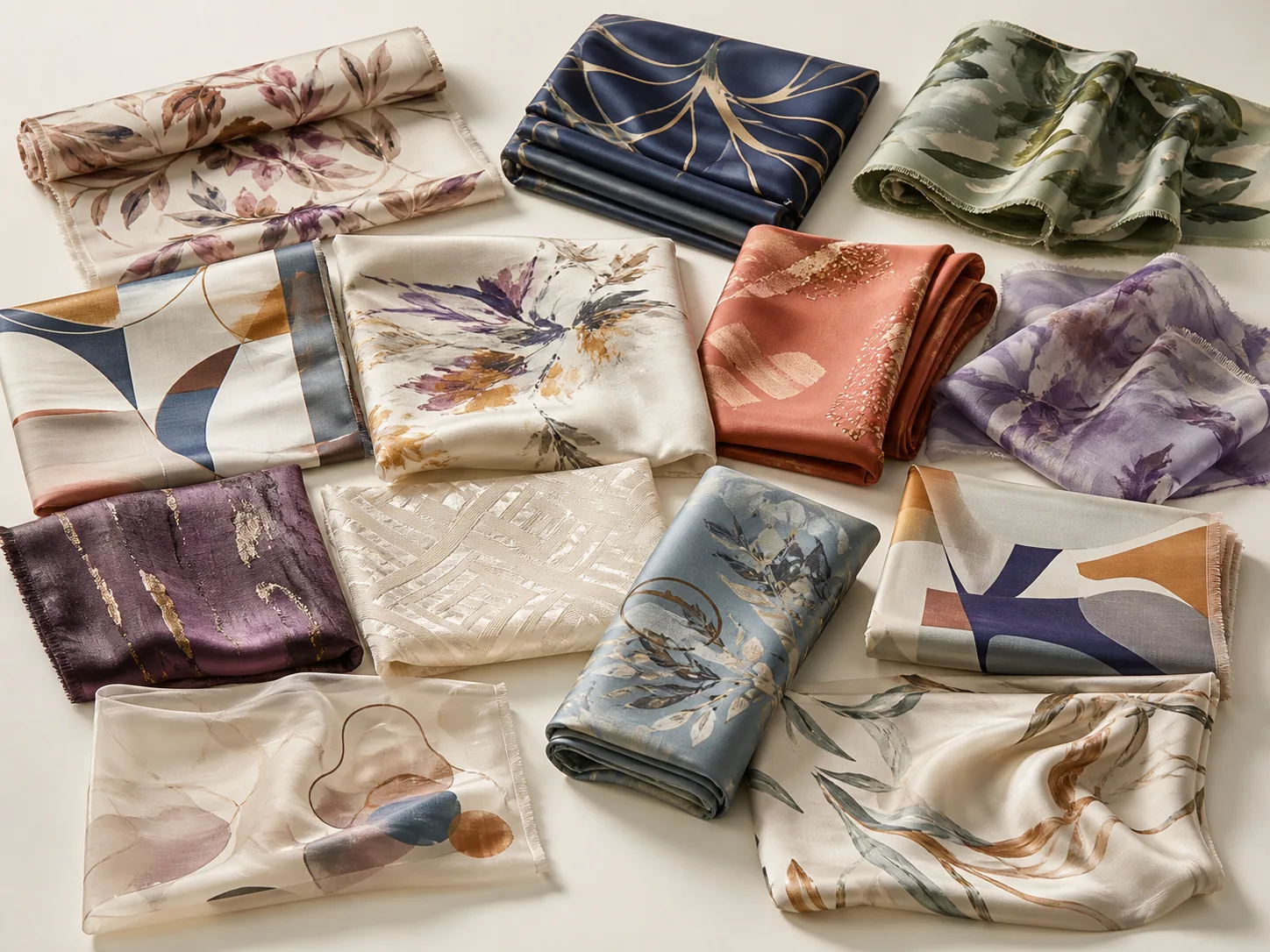 Custom printed silk and silk-blend fabric swatches arranged for sampling