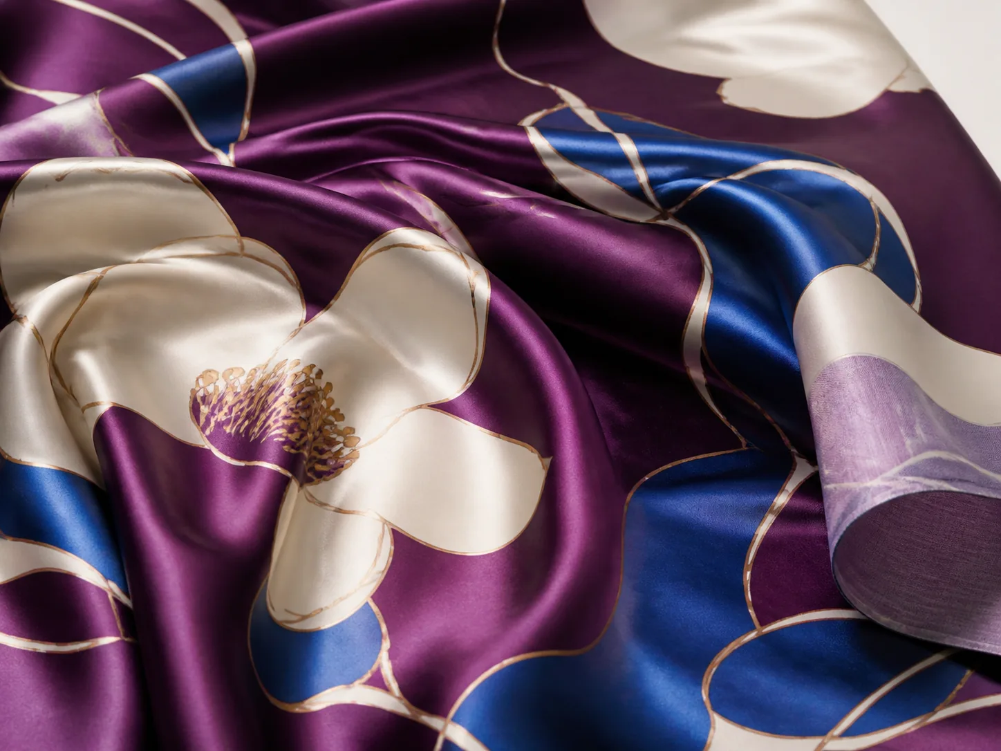 Custom printed silk satin fabric with a floral pattern and glossy drape
