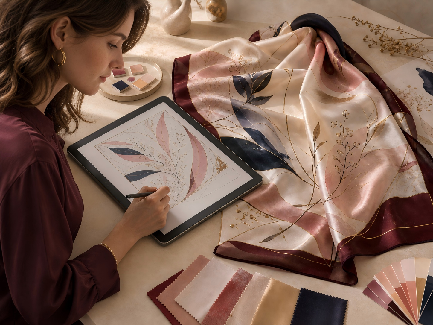Designer preparing a custom wedding scarf layout before selecting the final scarf size