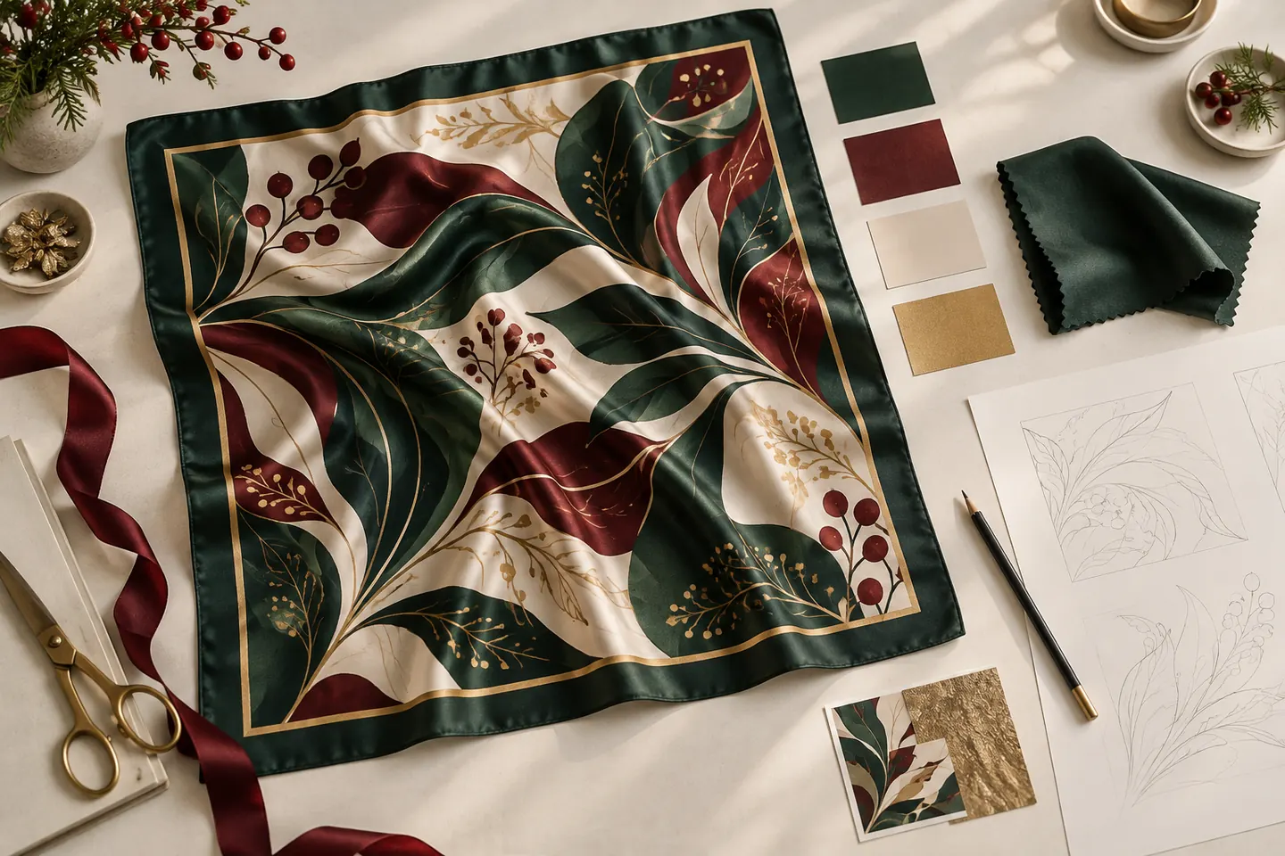 Christmas silk scarf design planning with an original pattern, color swatches and fabric sample