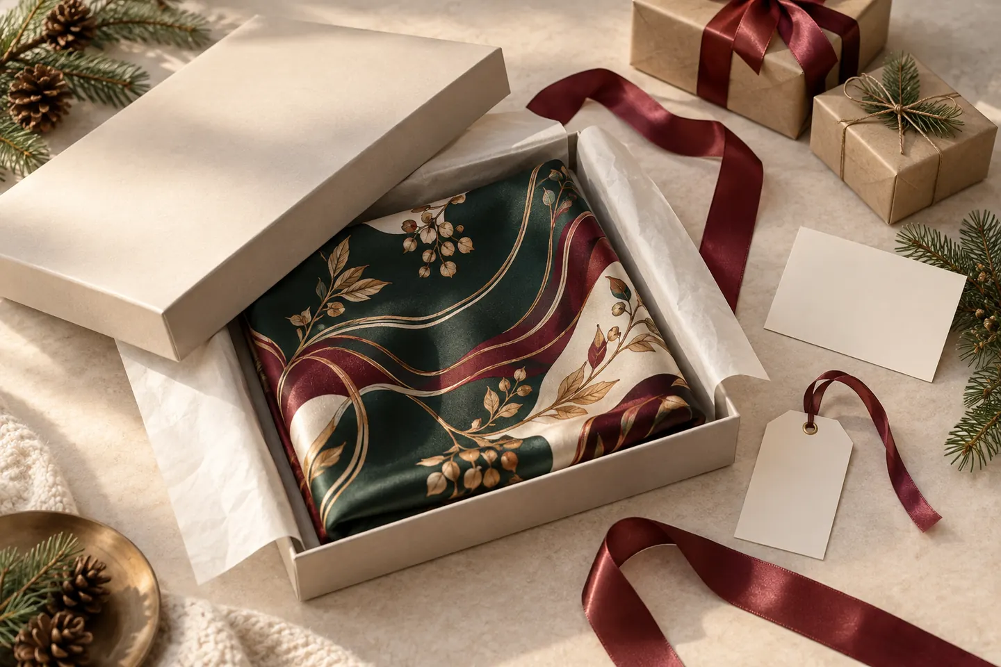 Folded custom Christmas silk scarf with tissue, ribbon, blank tag and holiday gift box
