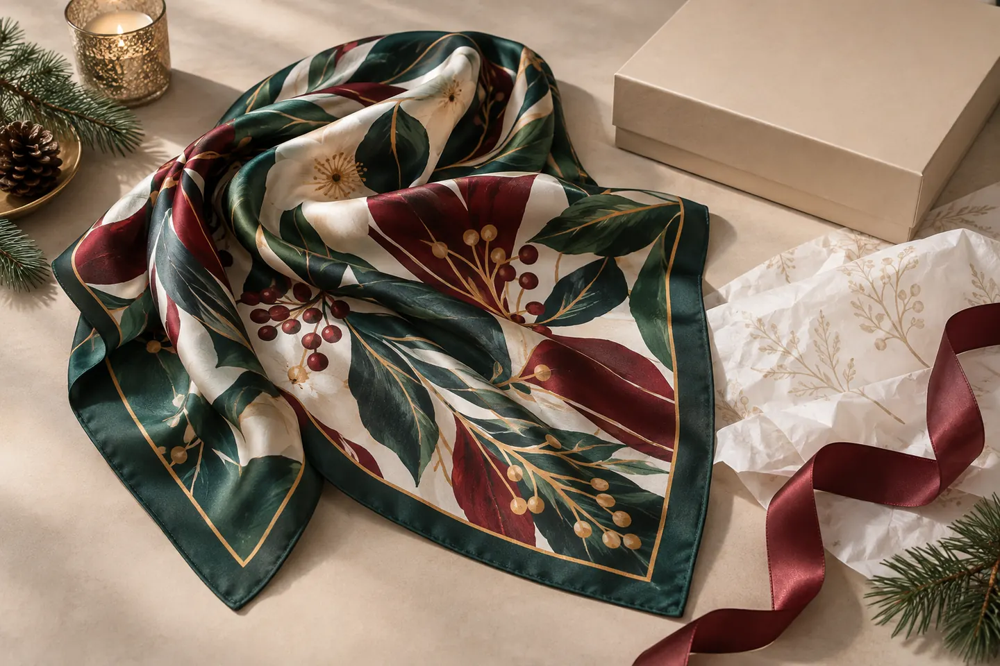 Custom Christmas silk scarf arranged with an unbranded gift box, ribbon and pine branches