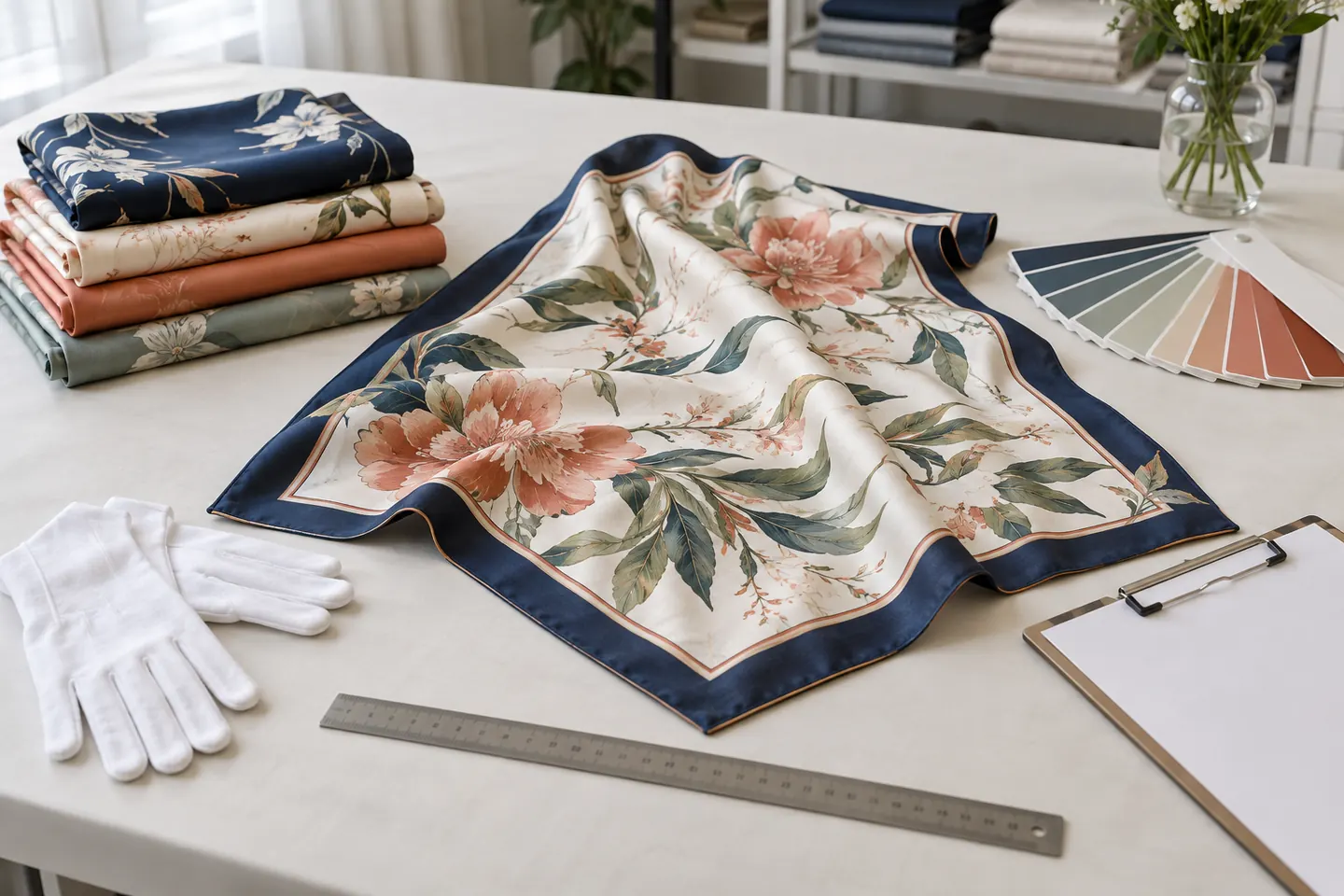 Custom silk scarf quality control inspection with ruler, color references and white gloves
