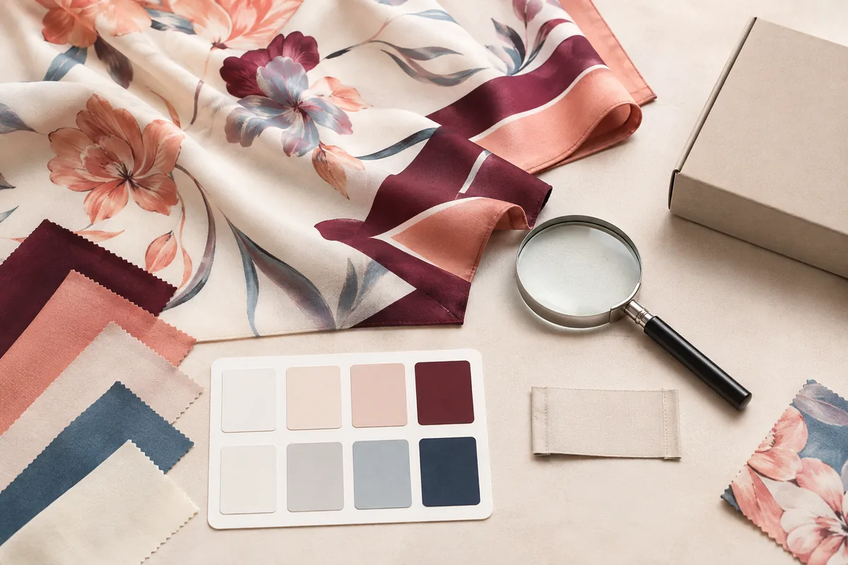 Printed custom silk scarves showing detailed multicolor artwork