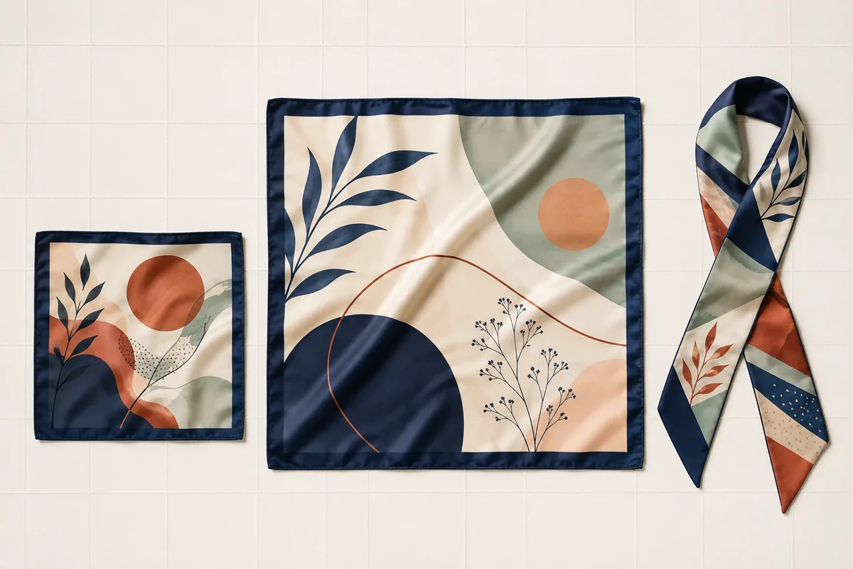Small square, large square and narrow custom silk scarf formats arranged side by side