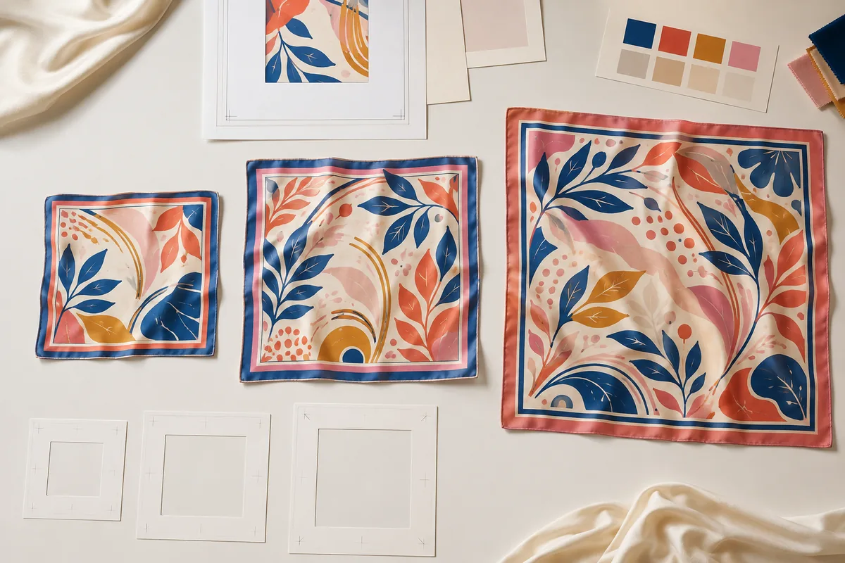 The same original silk scarf artwork adapted for small, medium and large square sizes