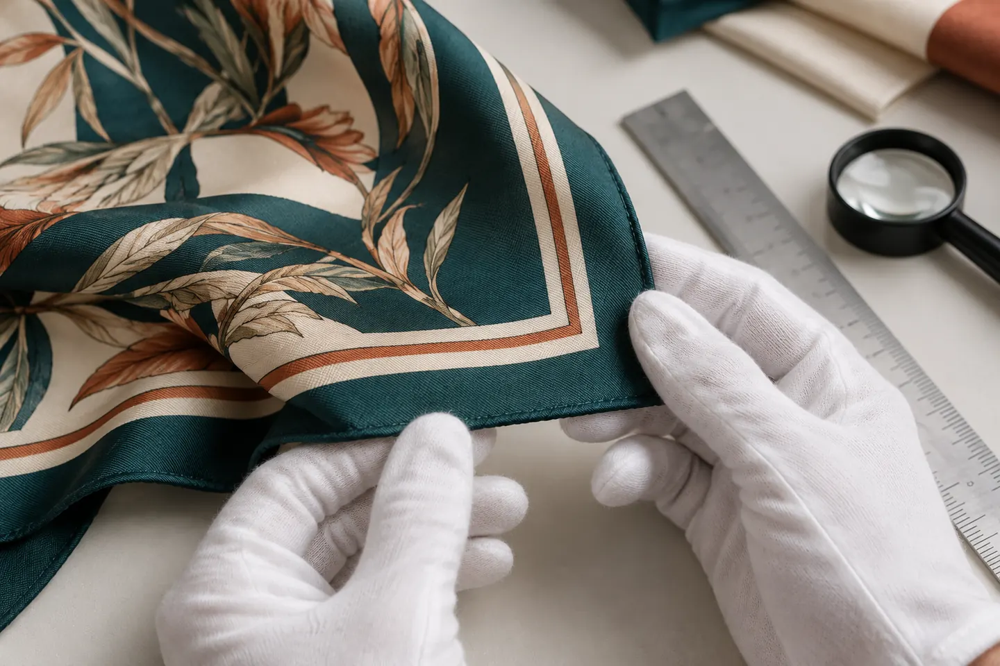 Gloved inspector checking the printed border and finished hem of a custom silk scarf