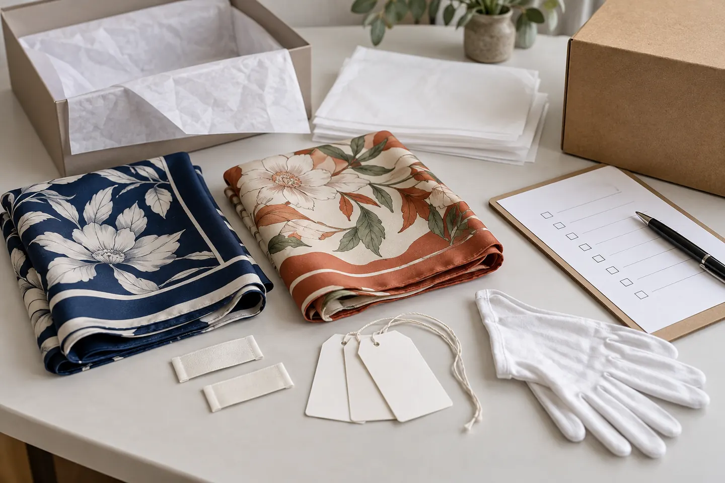 Folded custom silk scarves with blank labels, tags and packaging prepared for final inspection