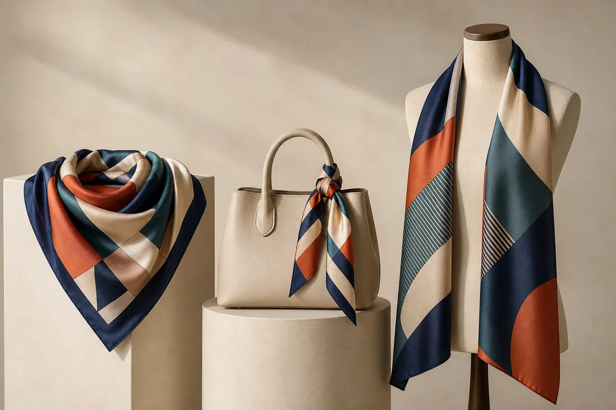 Square, twilly and long custom silk scarves styled for different uses