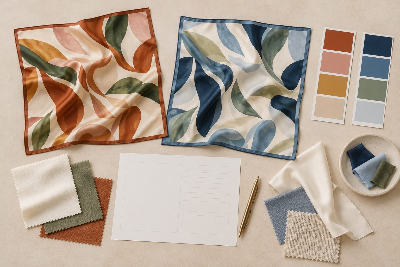 Illustrative scarf colorway review with fabric swatches, color chips and a blank specification sheet