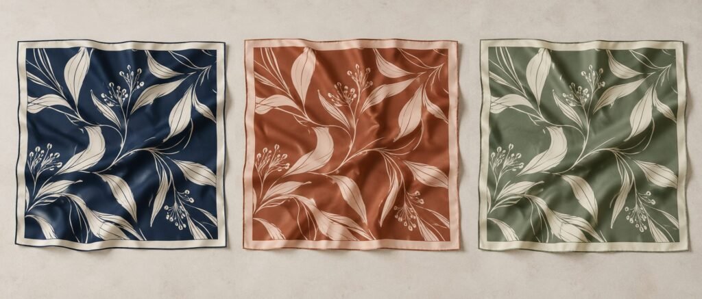Three illustrative silk scarves with one botanical pattern in navy, rust and sage colorways