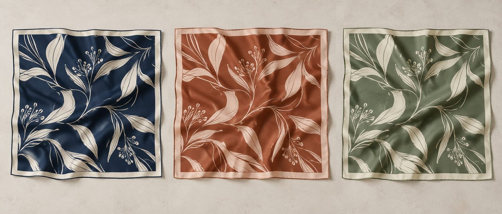 Three illustrative silk scarves with one botanical pattern in navy, rust and sage colorways