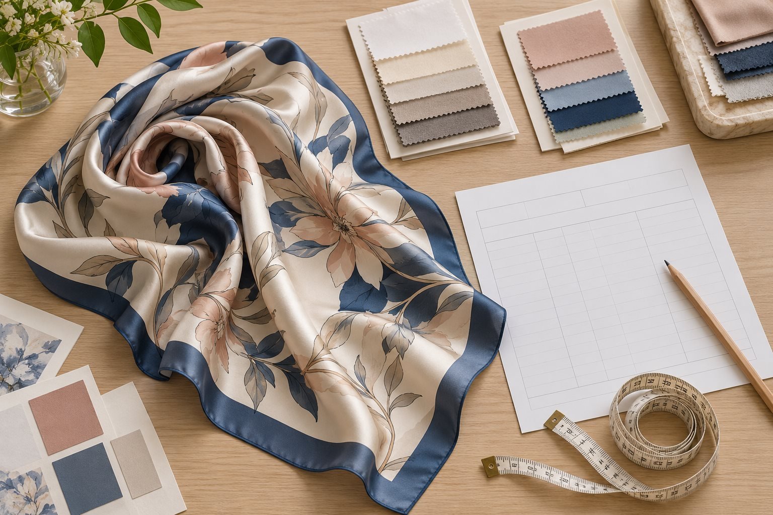 Illustration of a patterned silk scarf beside blank specification sheets, fabric swatches and a measuring tape.