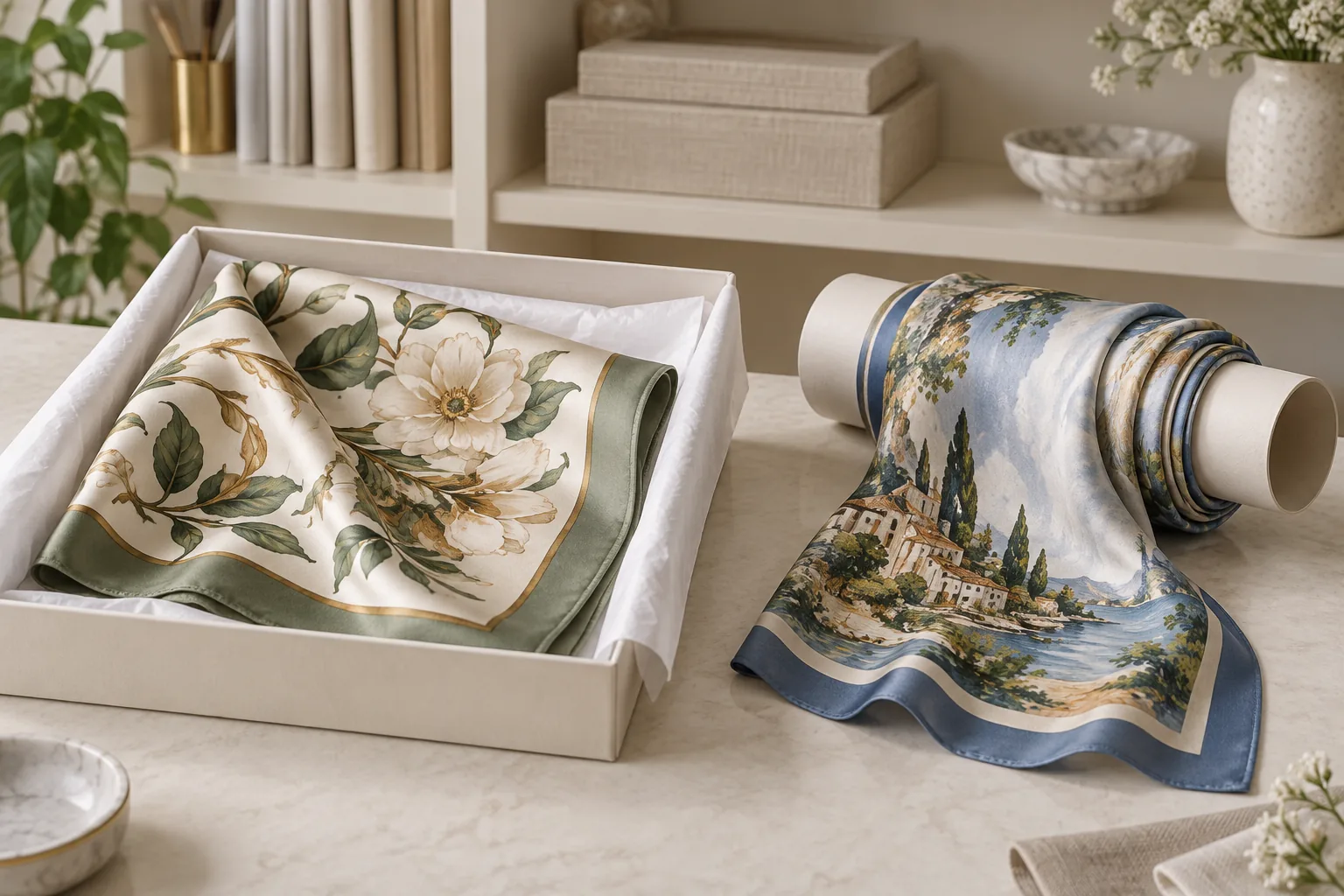Comparison of a patterned silk scarf stored flat in a box and another loosely rolled on a tube.