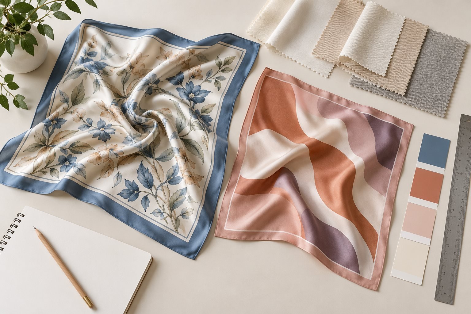 Illustration of two patterned scarf formats beside fabric swatches, colour chips and a ruler.