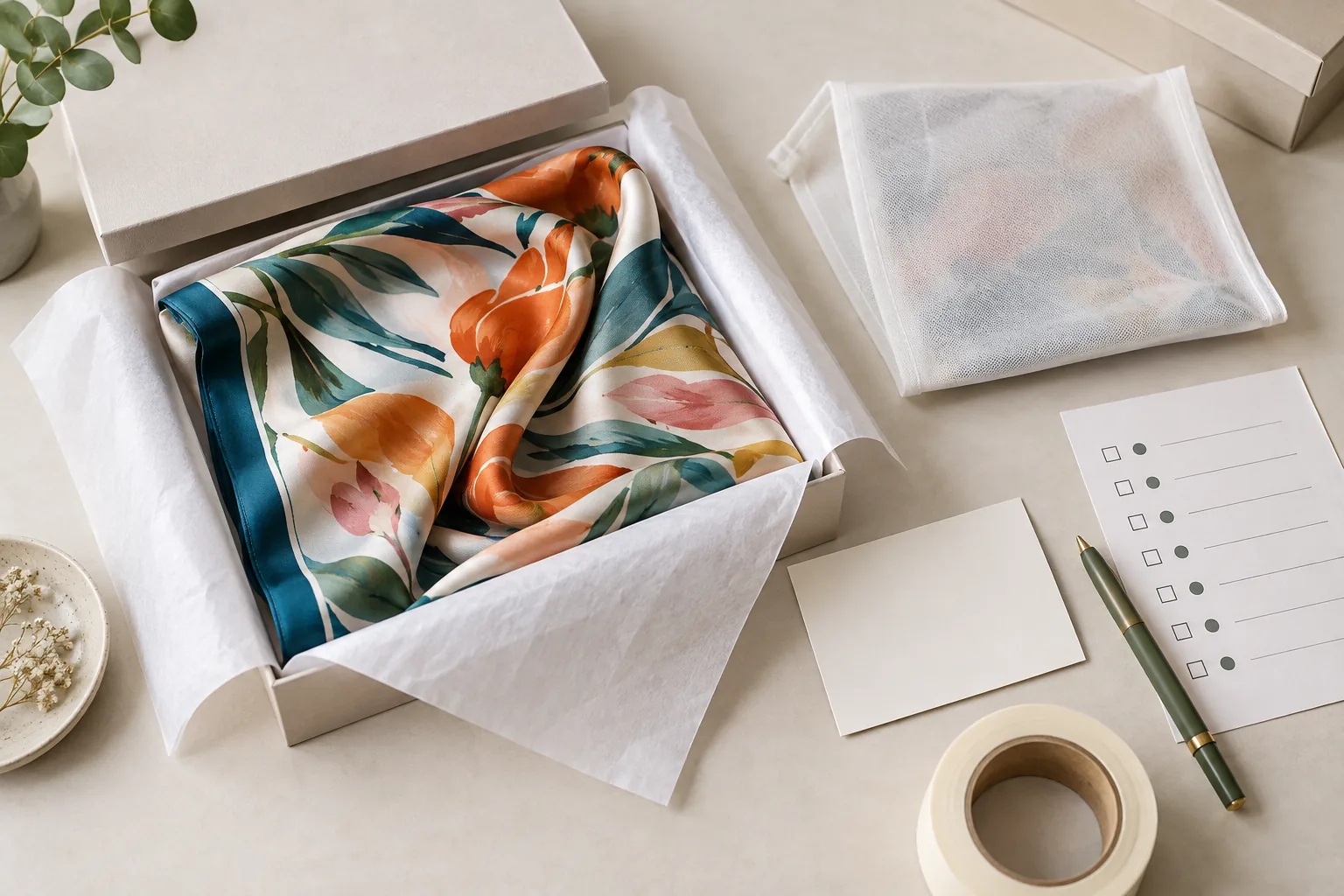 Patterned silk scarf packed with tissue in a gift box beside a blank dispatch checklist.