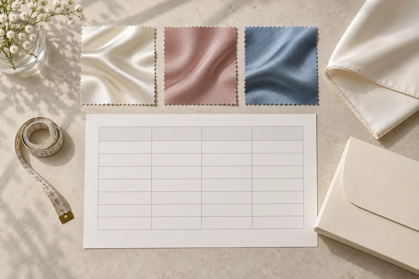 Conceptual scarf quotation comparison with blank worksheet, fabric swatches, measuring tape and packaging
