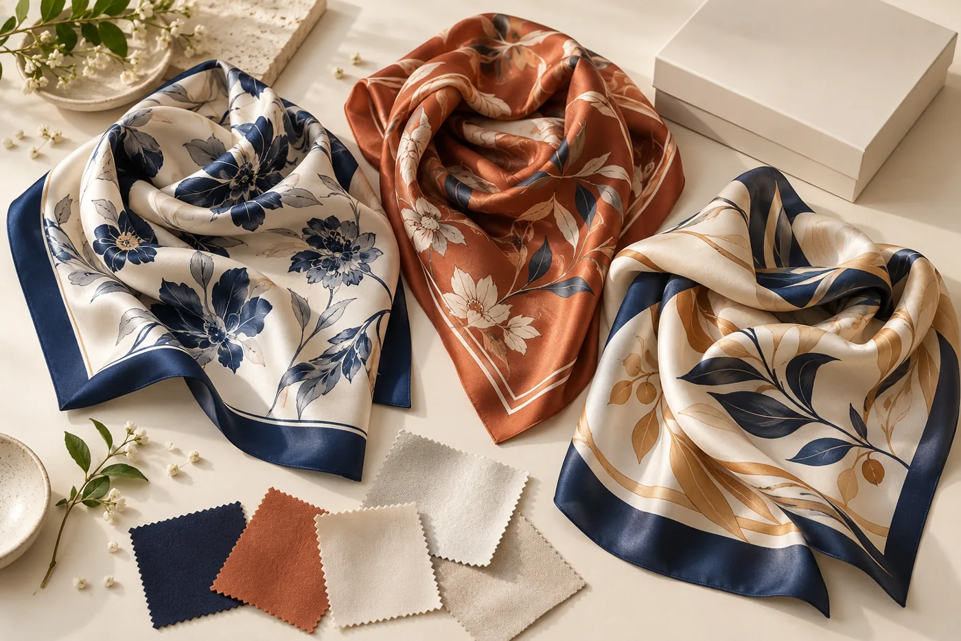 Conceptual comparison of three printed silk scarves, fabric swatches and a plain gift box