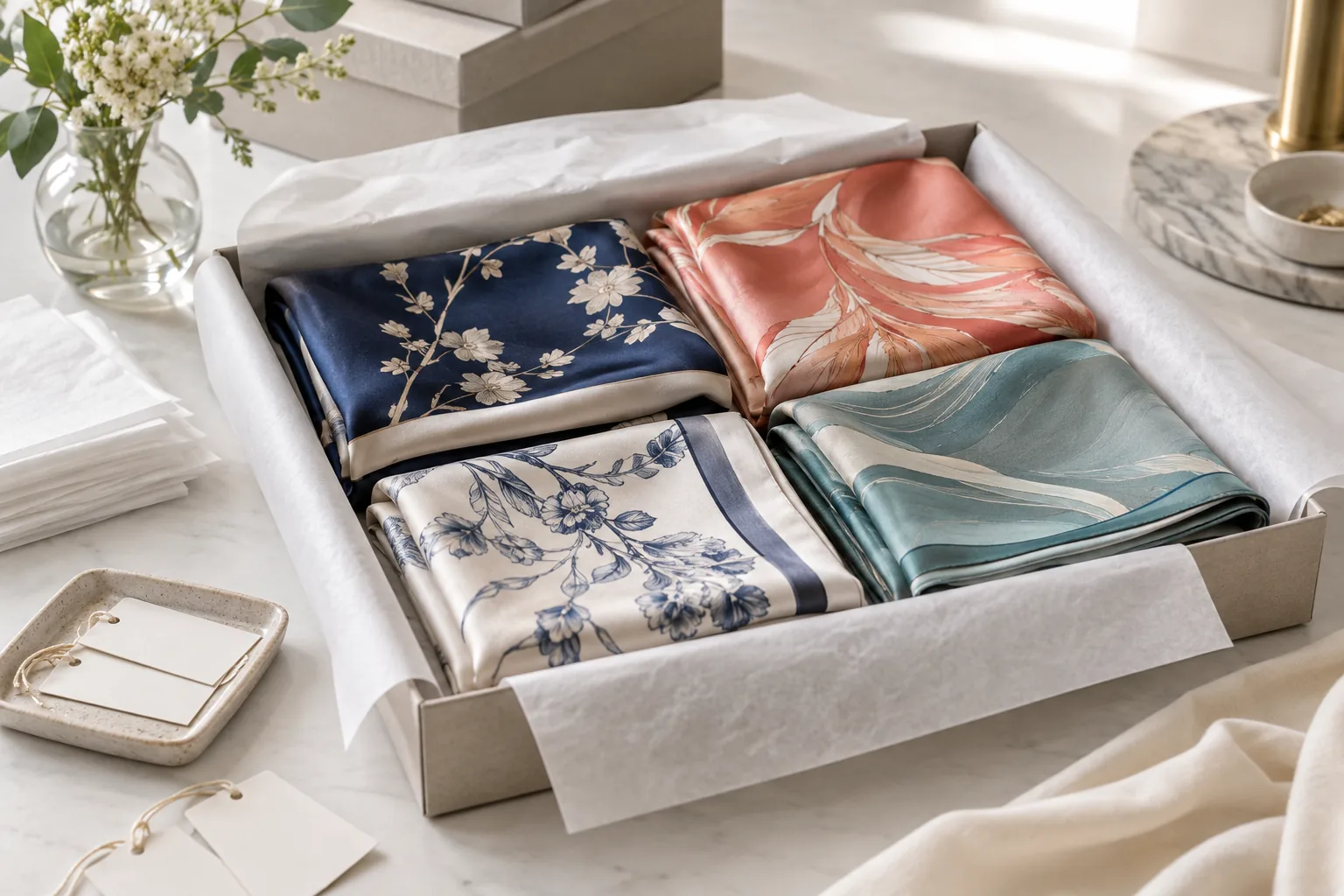 Folded patterned silk scarves stored flat in a box lined with white tissue paper.